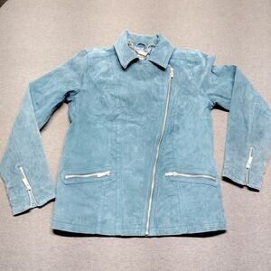 Dennis Basso Suede Leather Moto Jacket Womens S Blue Designer